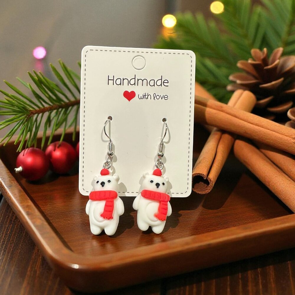 Handmade Polar Bear Earrings | Christmas Earrings | Polymer Clay Holiday Jewelry